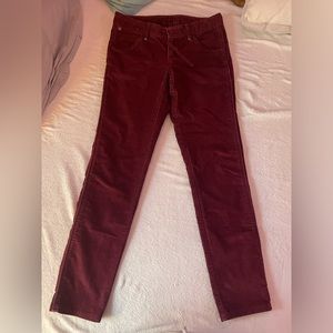 low waisted maroon corduroy skinny jeans